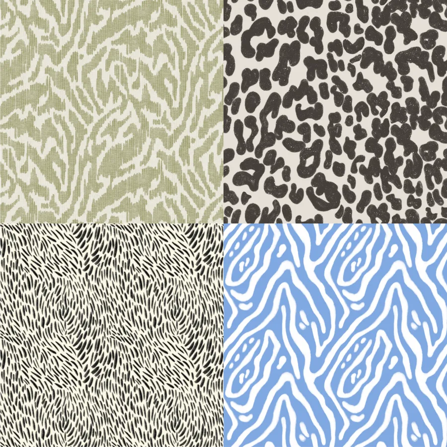 A grid of 4 animal print designs from milenapatterndesign