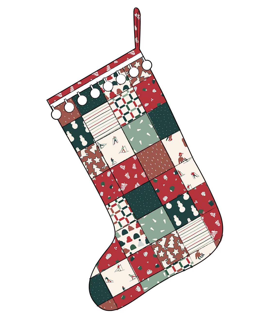 Mock up of HelenPhilippsDesigns' Red Patchwork Christmas Stocking Pattern with Spoonflower fabric