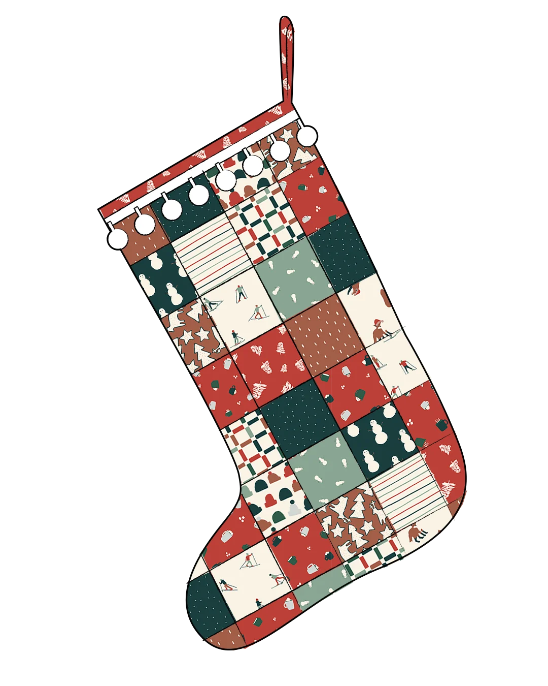 Mock up of HelenPhilippsDesigns' Red Patchwork Christmas Stocking Pattern with Spoonflower fabric