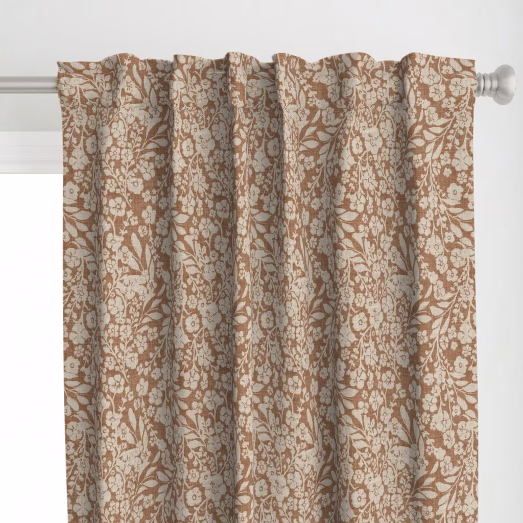 Curtains in Antique Trailing Floral Farmhouse Country Mocha Warm Brown Neutral Spring Design by pamela_griffin_studio.