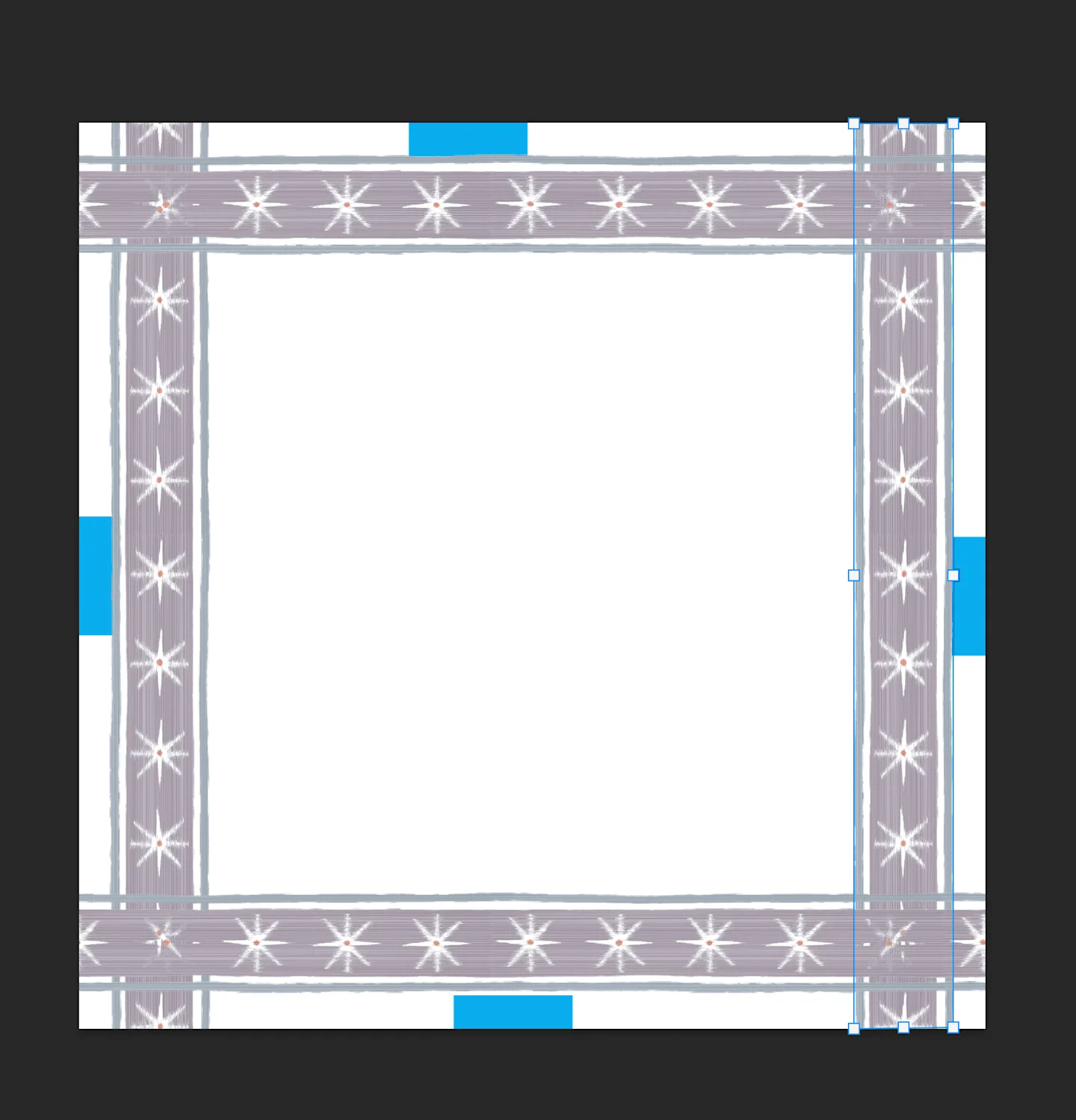 Image of the Photoshop canvas corresponding to step 3. The canvas is mostly white, with bands just inside each of the four border edges featuring a thick purple stripe with white stars. The stripe has thin blue stripes on either side of it. Where the stri