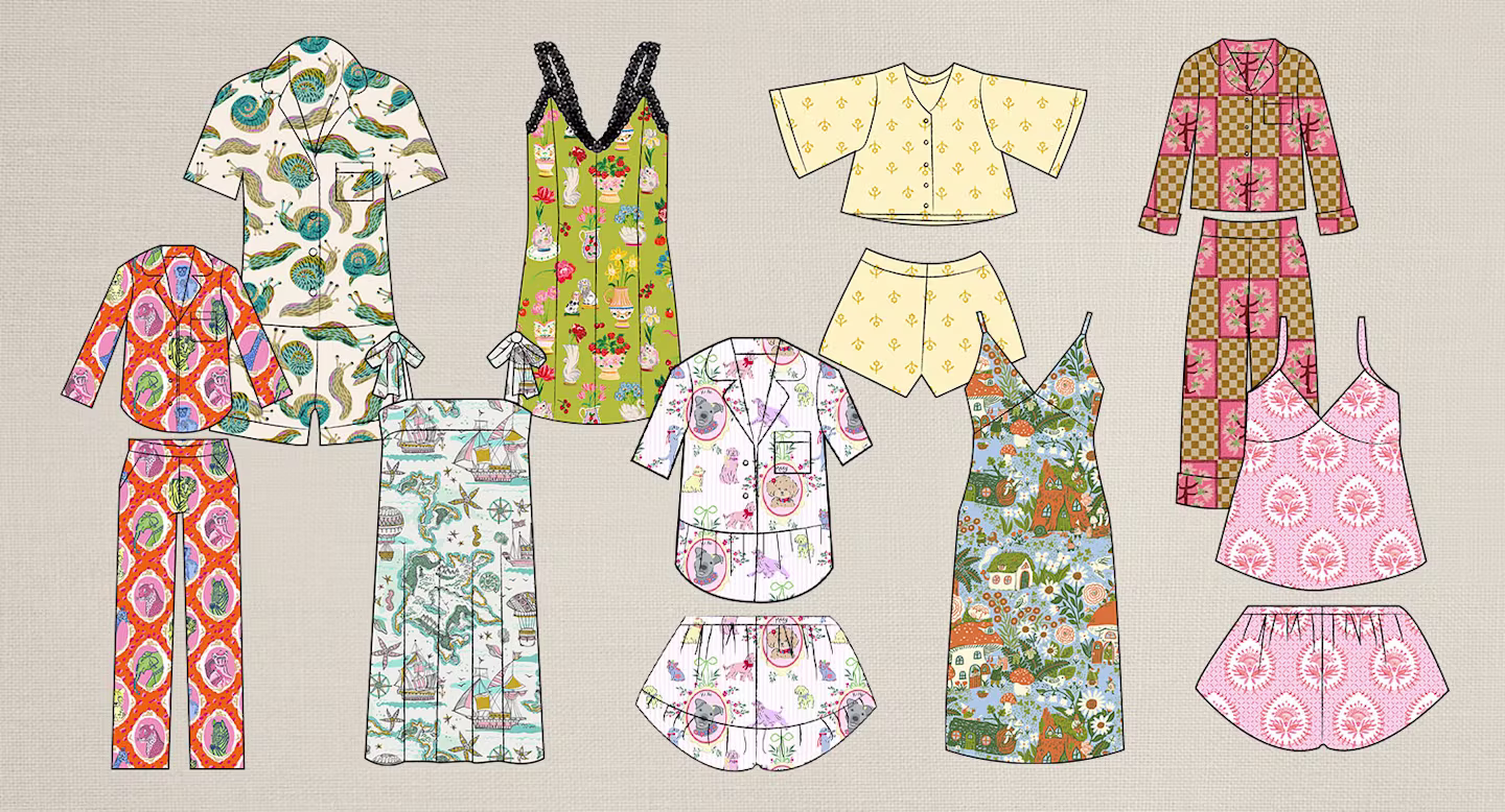 Photo of mock up pajama designs in various patterns.