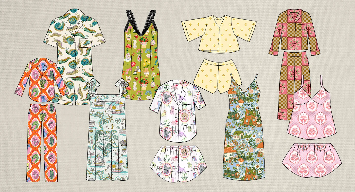 Photo of mock up pajama designs in various patterns.