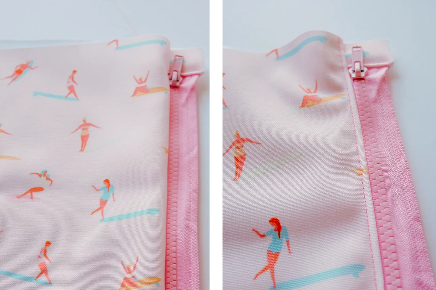 Two images have been combined into one rectangle. On the left, A rectangle of fabric featuring a design with small female surfers surfing through a pink background lays on a white surface. A pink zipper has been laid along the right edge. On the right, A