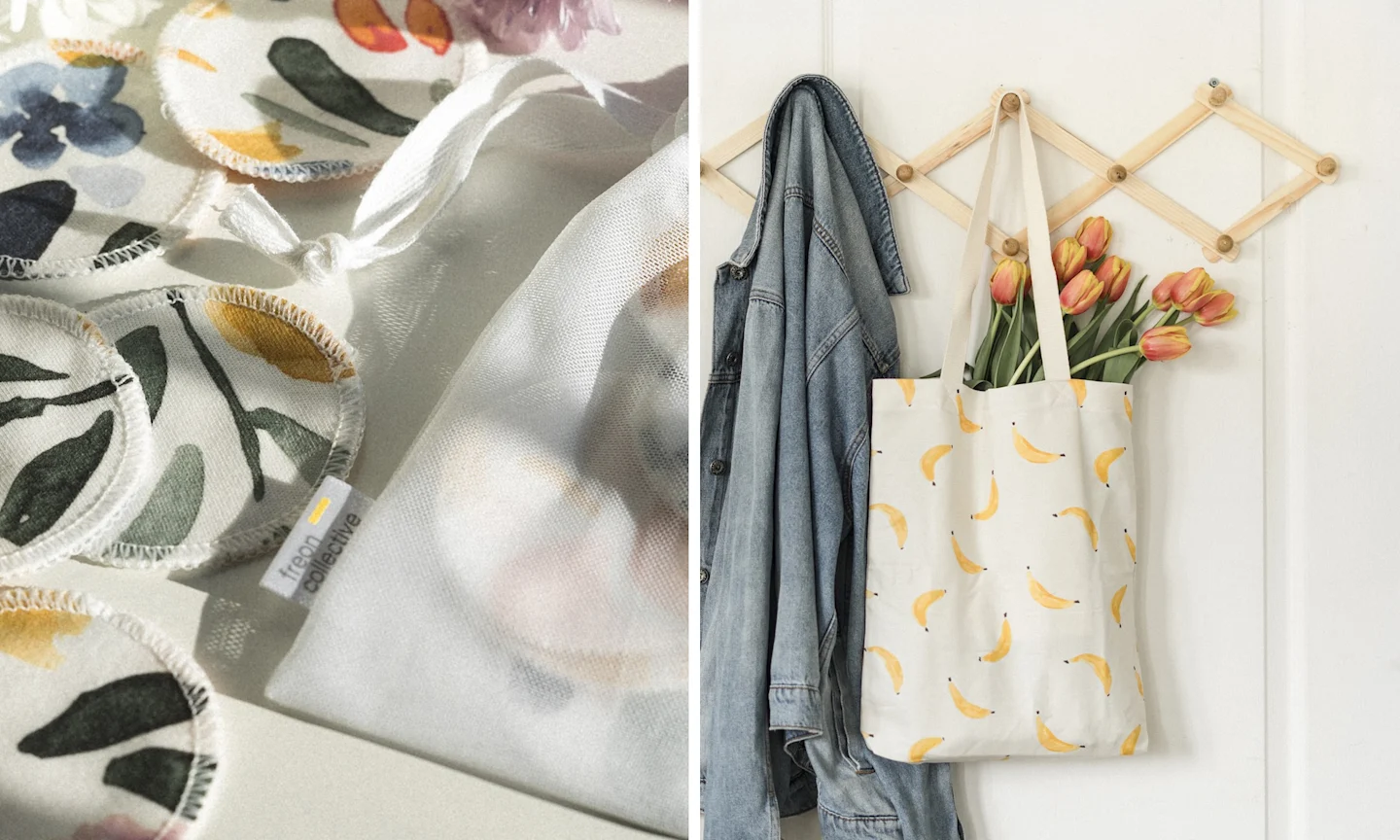 2 images side by side. the left image shows soft cotton rounds displayed next to a mesh storage bag. the right image a tote bag filled with tulips hanging on a hook. the tote bag is patterned with small watercolor bananas throughout.