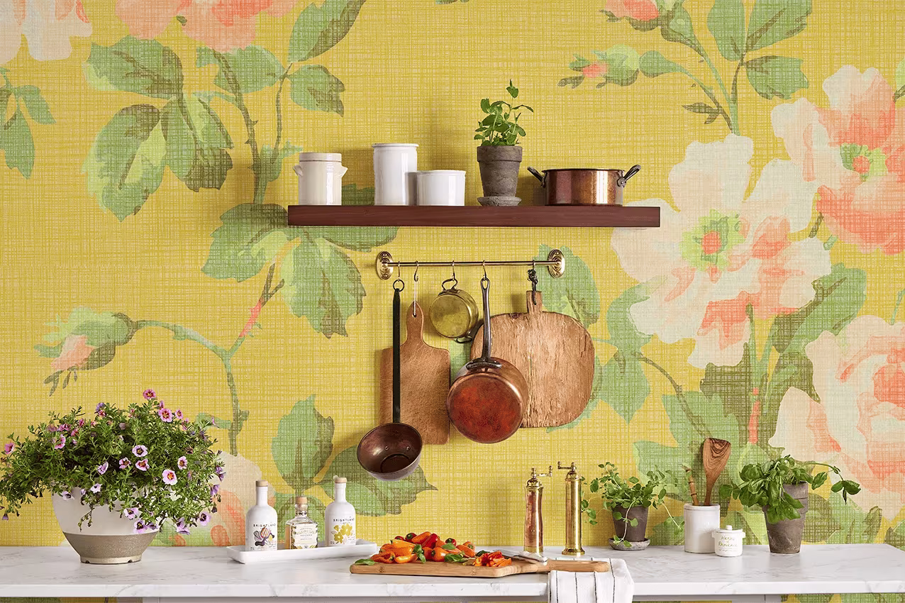 Kitchen featuring a large-scale floral mural in bright yellow tones.