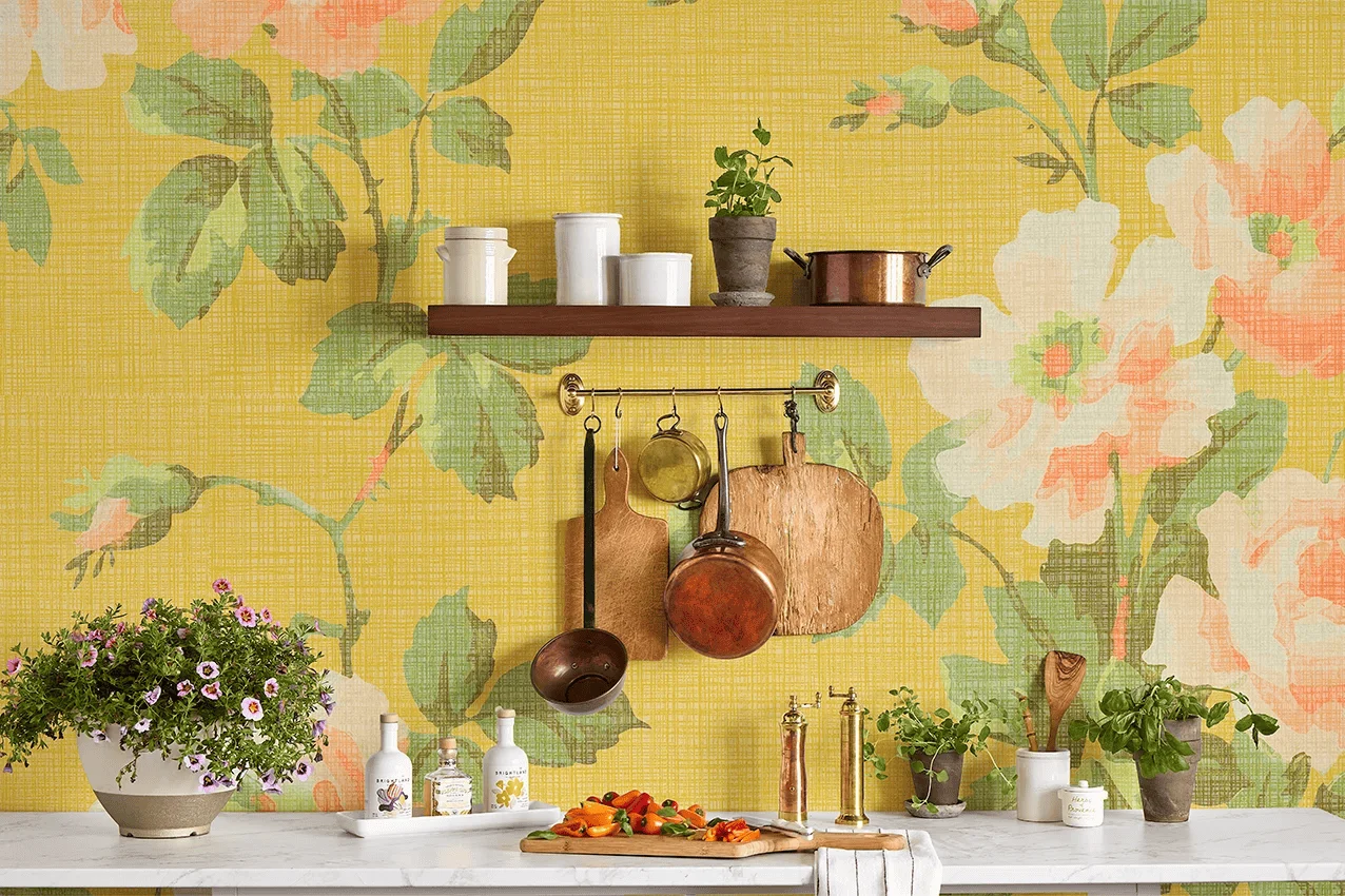 Kitchen featuring a large-scale floral mural in bright yellow tones.