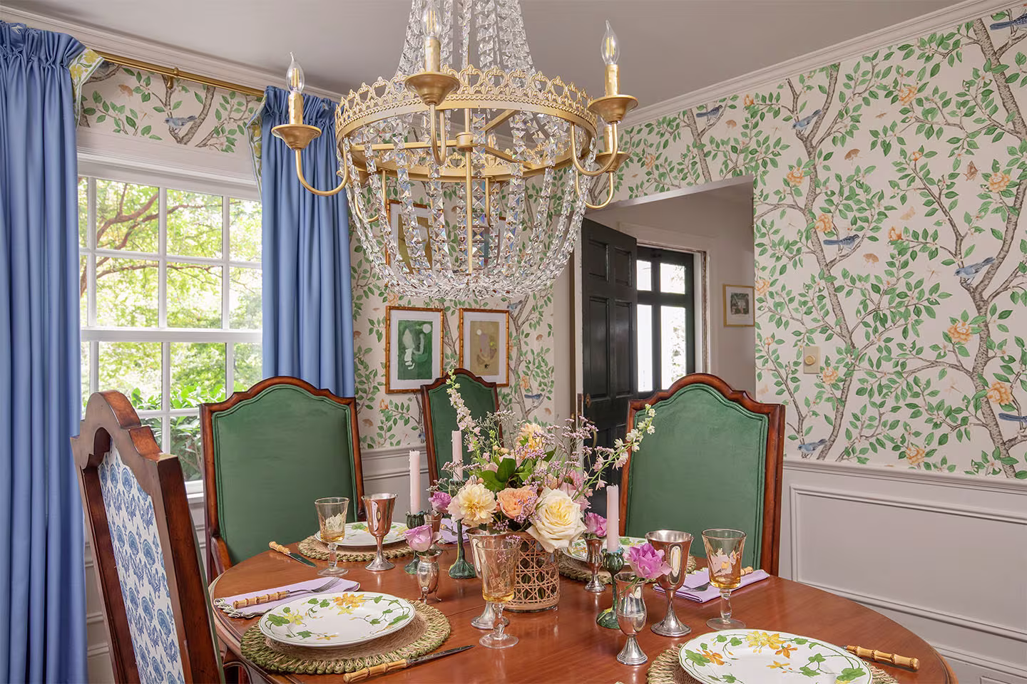 Classic dining room with Spoonflower wallpaper, curtains, and fabric for upholstered chairs.