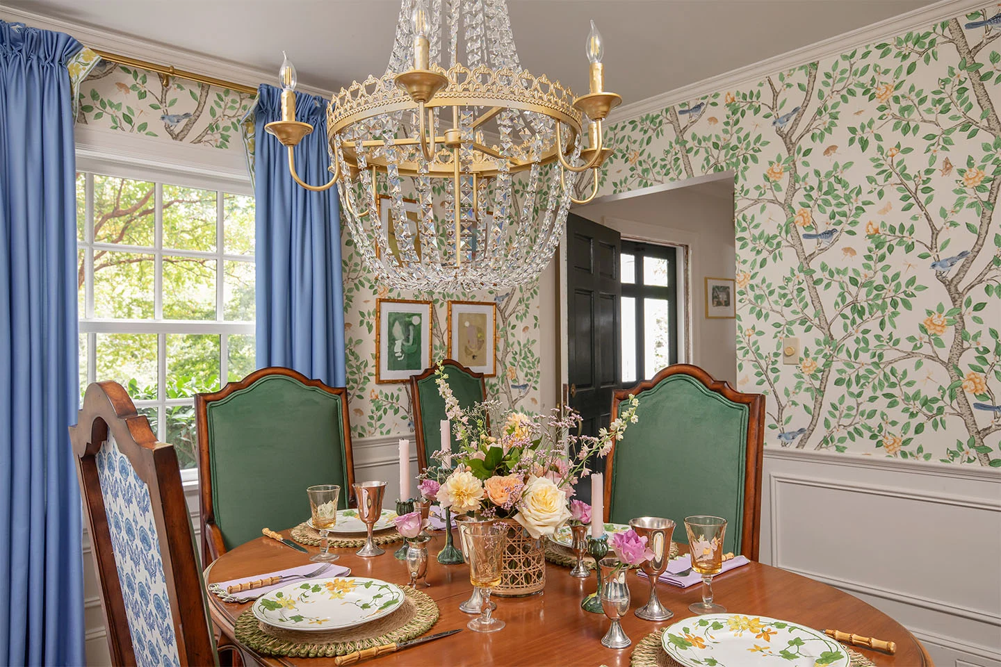 Classic dining room with Spoonflower wallpaper, curtains, and fabric for upholstered chairs.
