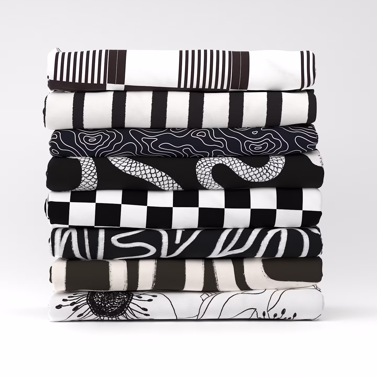 Stack of black and white fabrics