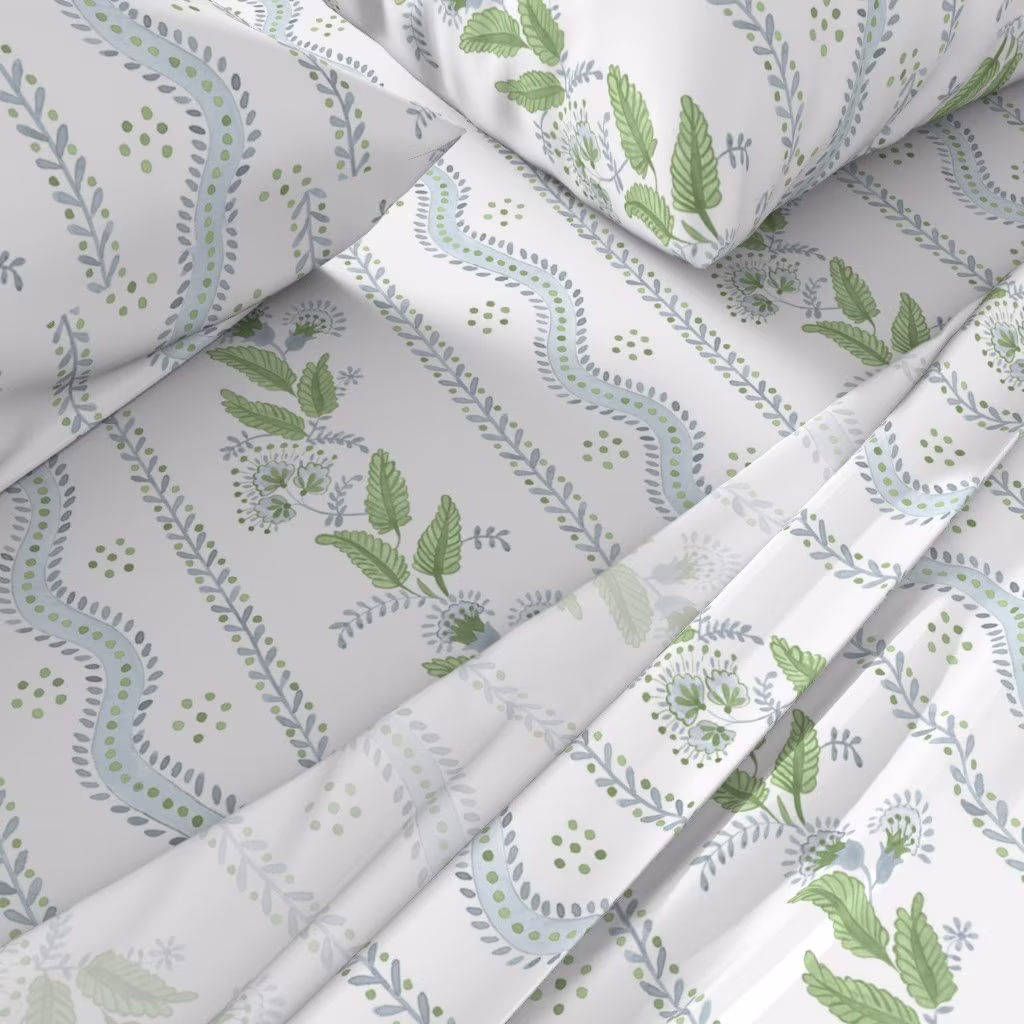 Sheet Set in Soft Blue and greens on white