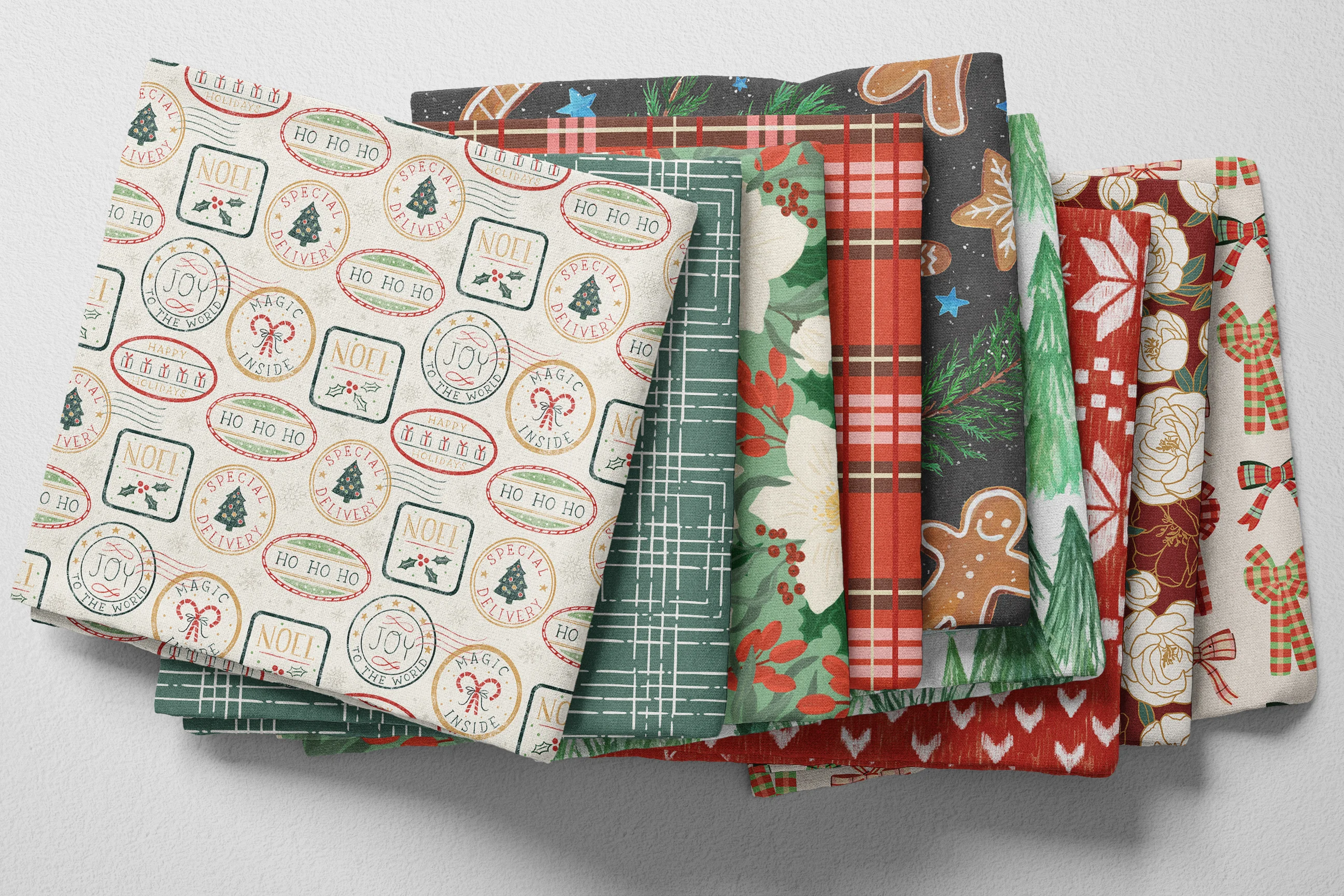Colorful folded Spoonflower fabric with a holiday theme