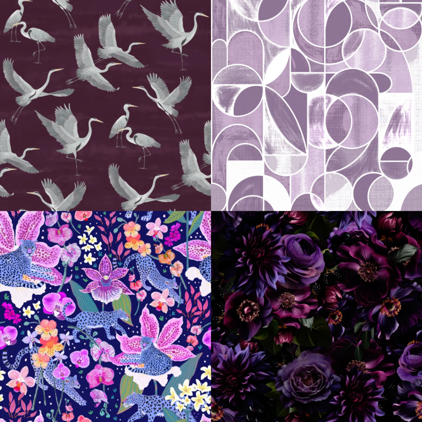A grid of 4 dynamic purple designs from Spoonflower artists