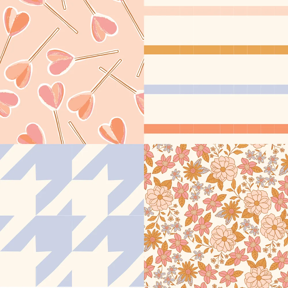 A grid of 4 Valentine's Day designs from indybloomdesign