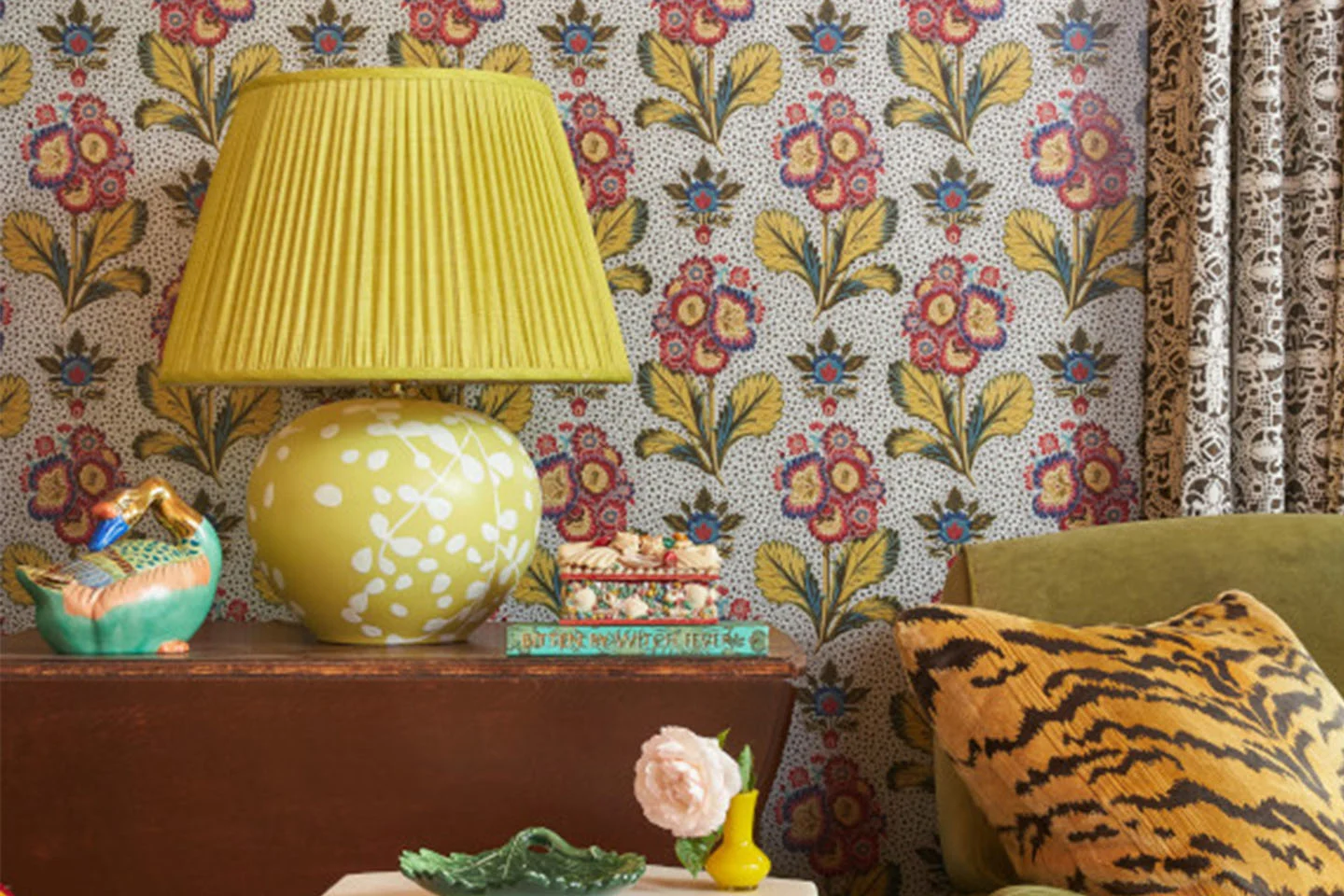 Metallic wallpaper with bold pillows and curtains to create a unique, novel look with Spoonflower.