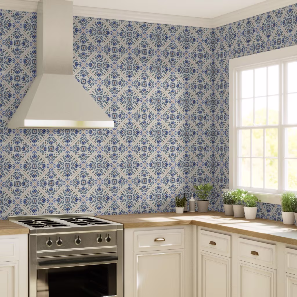 Kitchen with wallpaper in Blue mediterranean folk tiles - Hand painted effect by silvanilla.