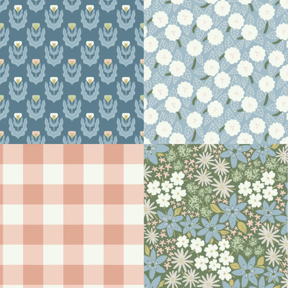 A grid of 4 floral designs from milenapatterndesign
