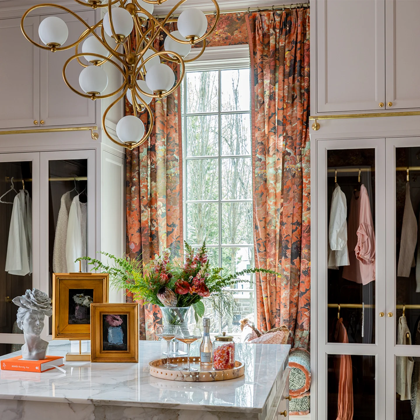 Dressing room with curtains and wallpaper designs by Marie Cloud of Indigo Pruitt for Spoonflower.