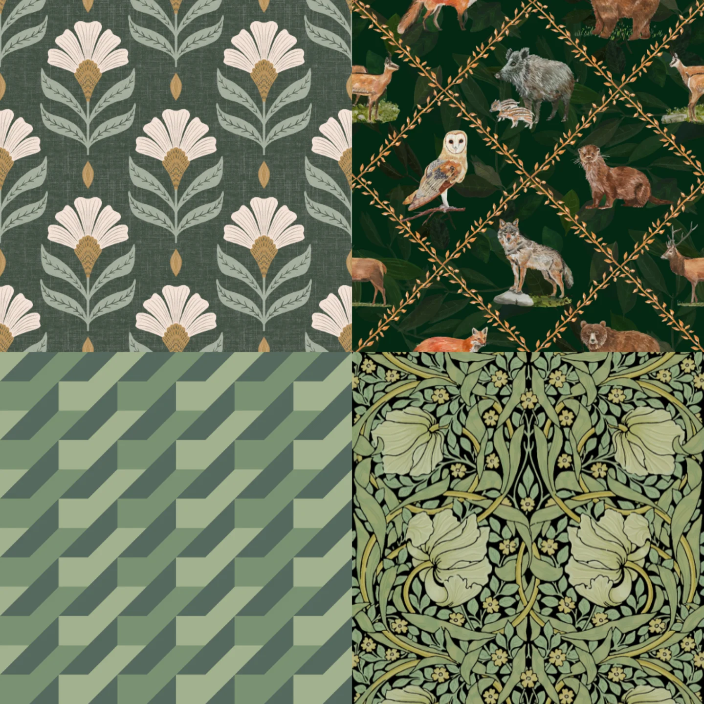 A grid of 4 green designs from Spoonflower artists