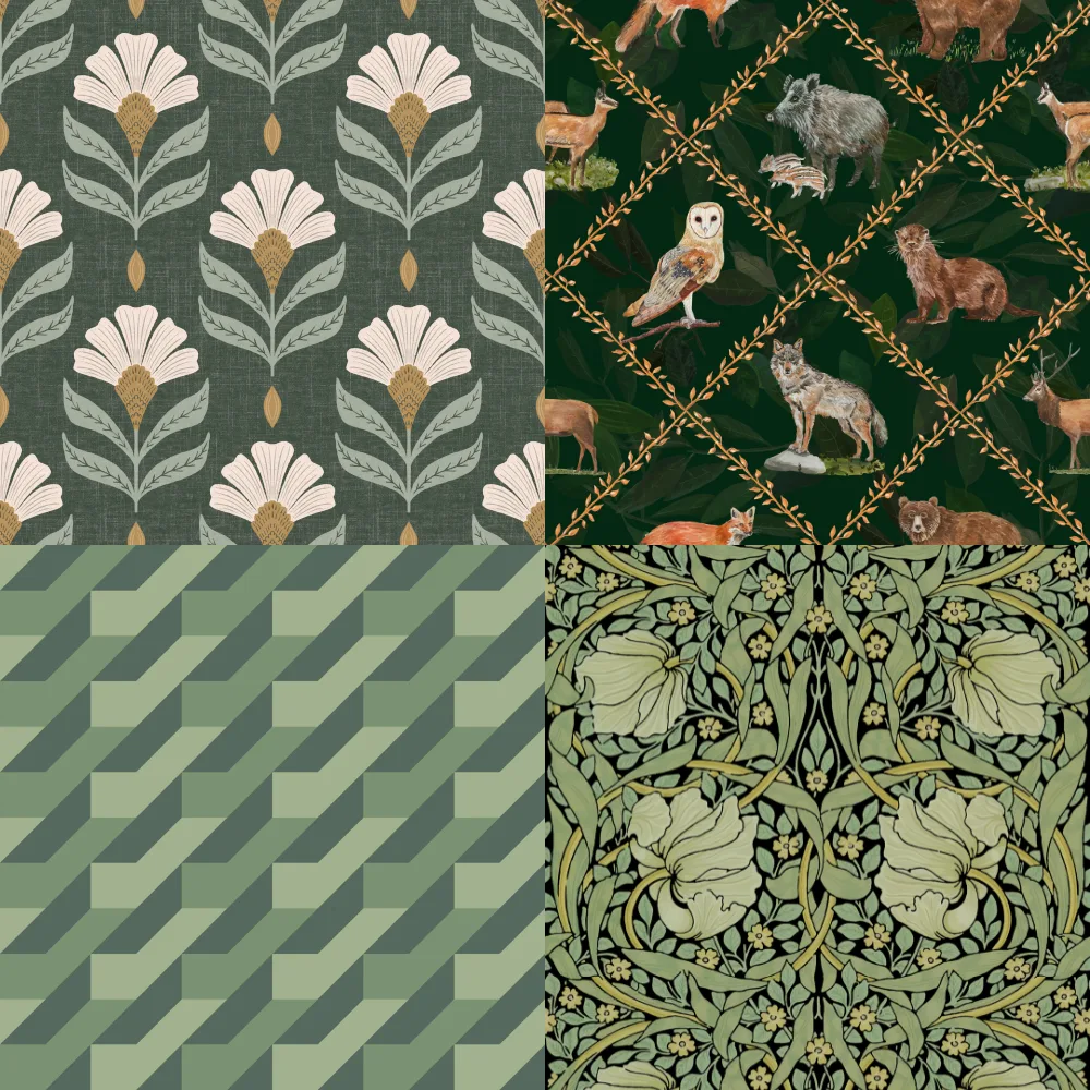 A grid of 4 green designs from Spoonflower artists