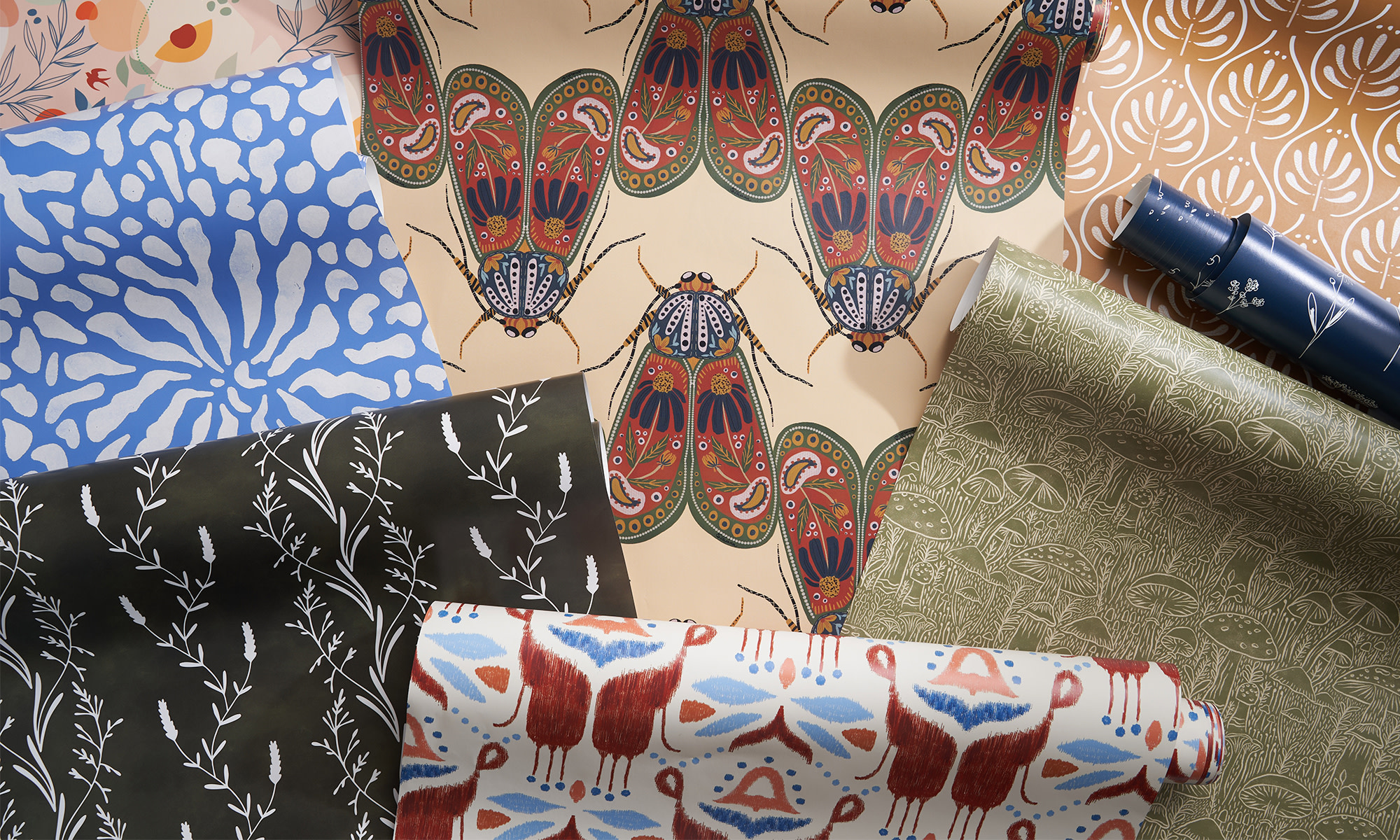 Rolls of peel and stick wallpaper with unique prints