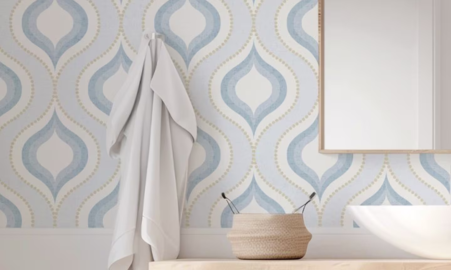 Wallpaper in (L) boho ogee geometric - coastal light blue by housebythesea in a batghroom.