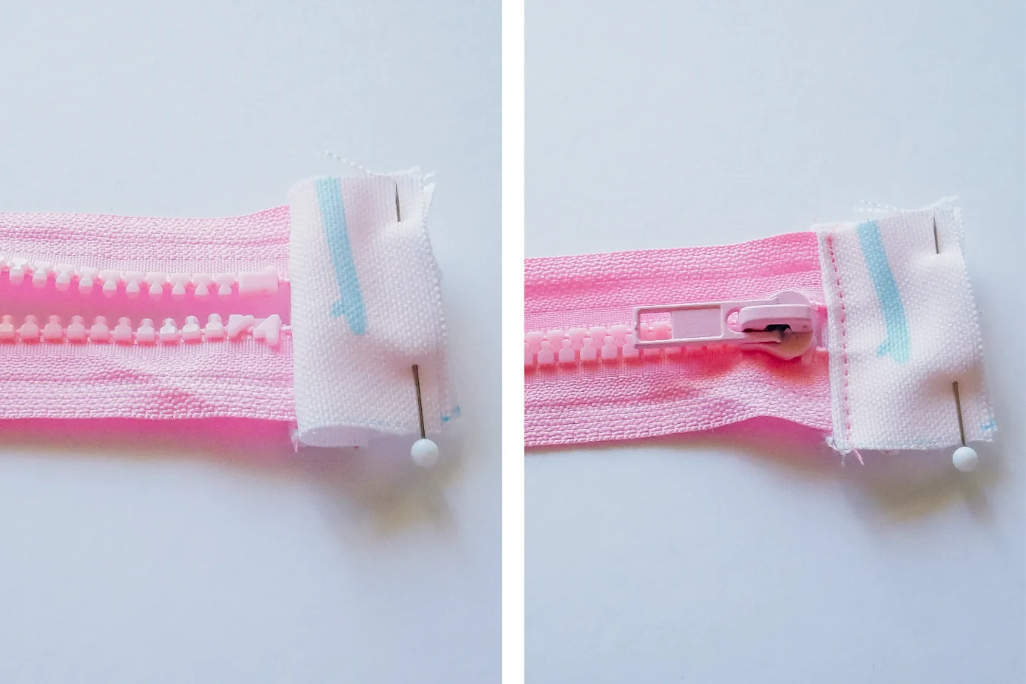 Two images have been placed side by side in one rectangle. On the left, a pink zipper is lying on a white surface. A small piece of fabric has been folded back over the right edge of the zipper and pinned to the edge of the zipper The design on the fabric