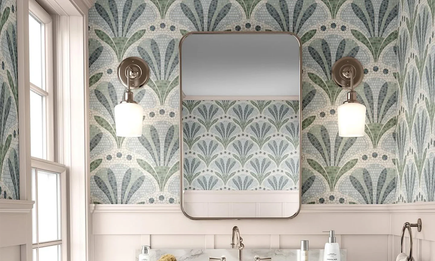 Bathroom with wallpaper in a floral mosaic pattern.