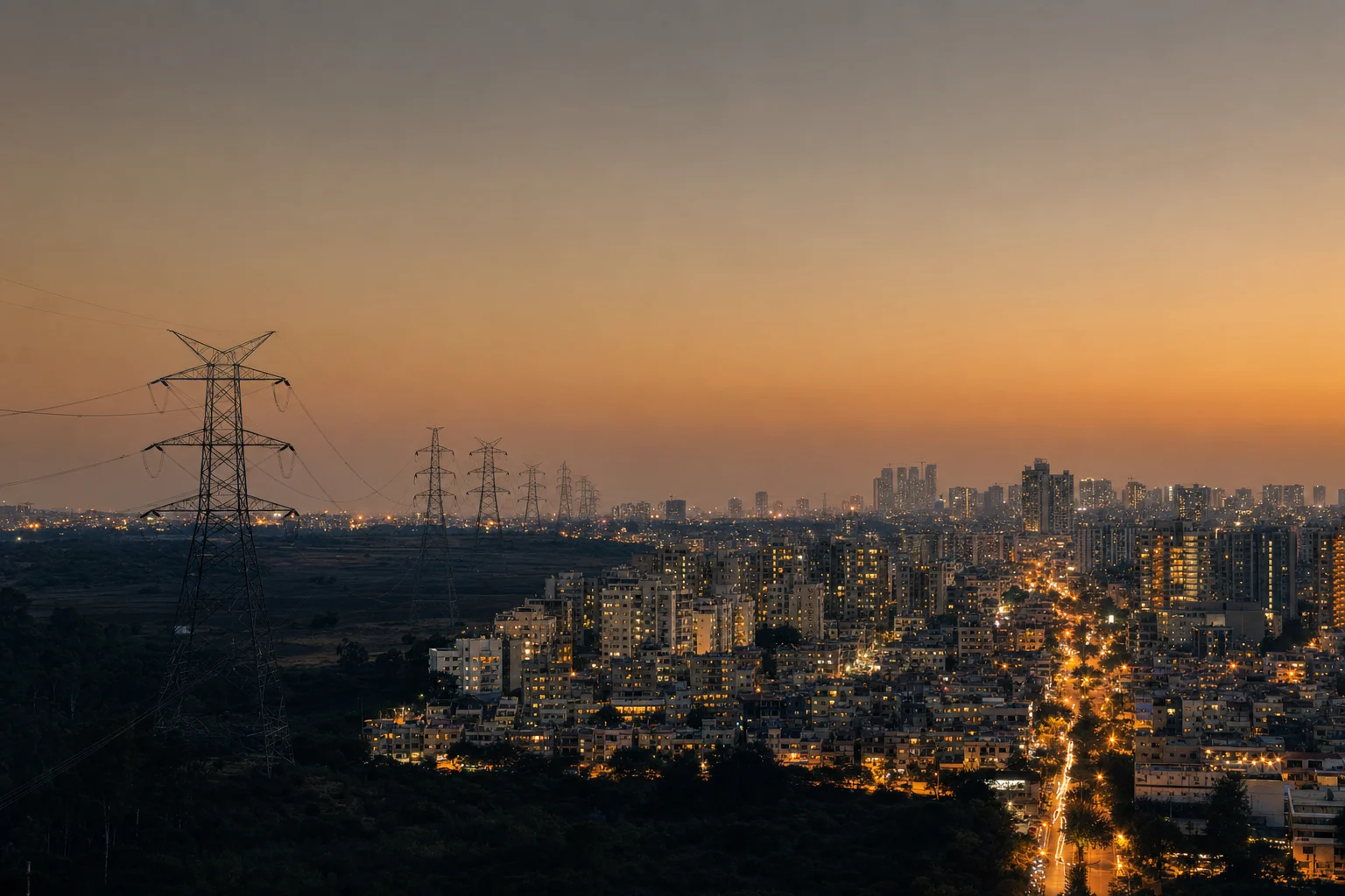 An elevated view over a dense Indian city as its lights come on at dusk, with high-voltage transmission towers marching in from the darkening countryside.