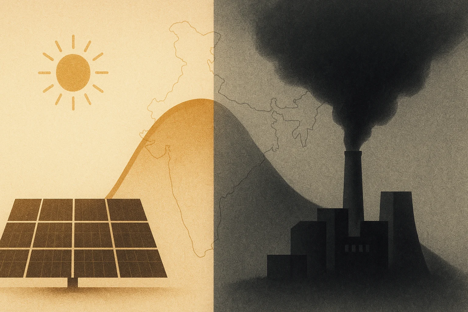 India Energy Atlas — a split editorial illustration: a solar panel under a bright sun beside a coal power plant with a smoke plume, across a tracing of India