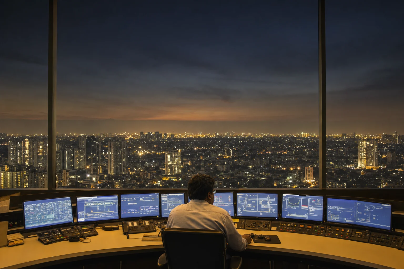 A grid operator seen from behind in a load-despatch control room at night, lit by monitor glow, with a fully lit Indian city visible through the window behind the desk.