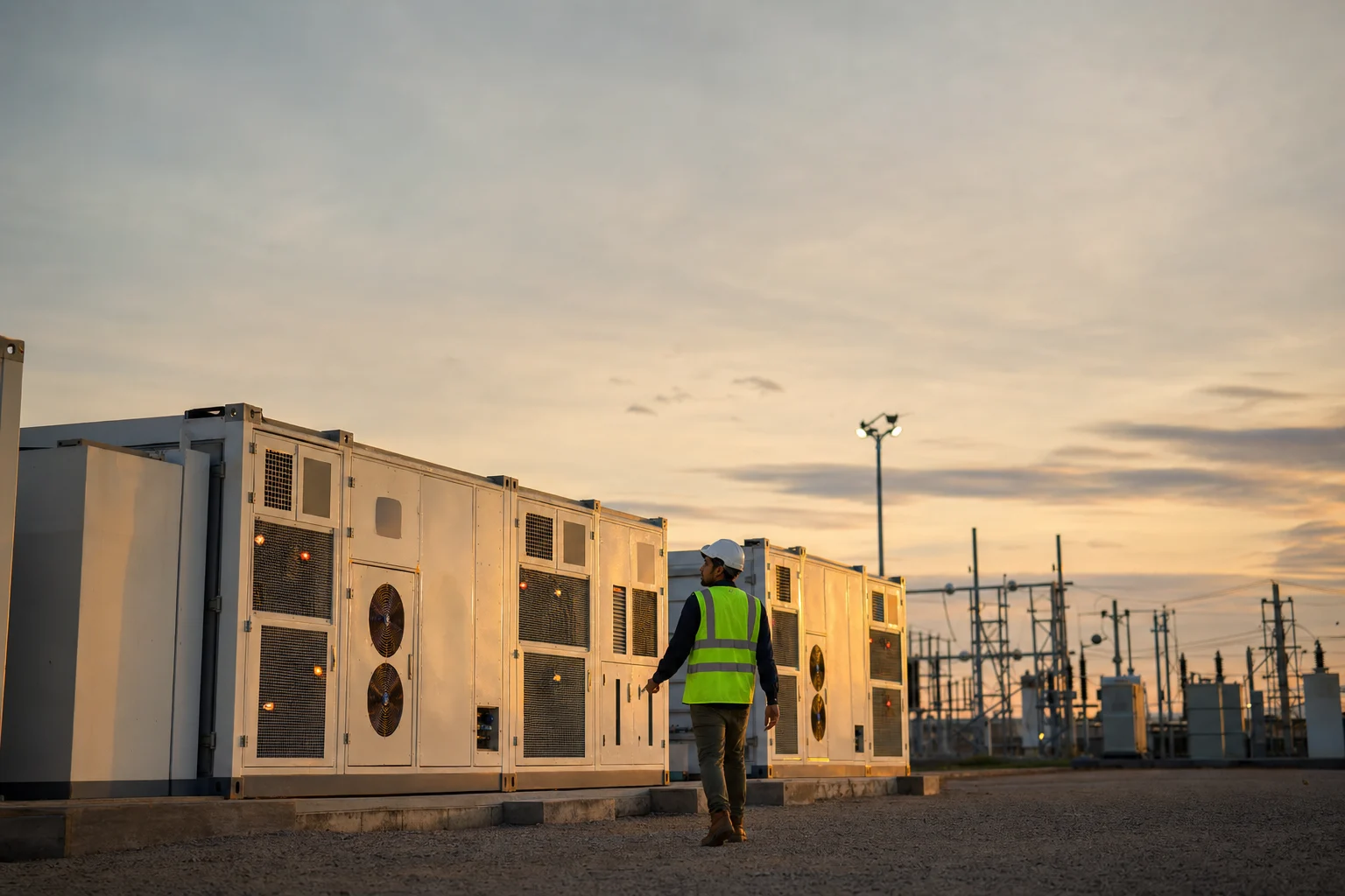 An engineer in a hard hat walking a row of white containerised grid batteries beside a substation at dusk, status lamps glowing in the low sun.