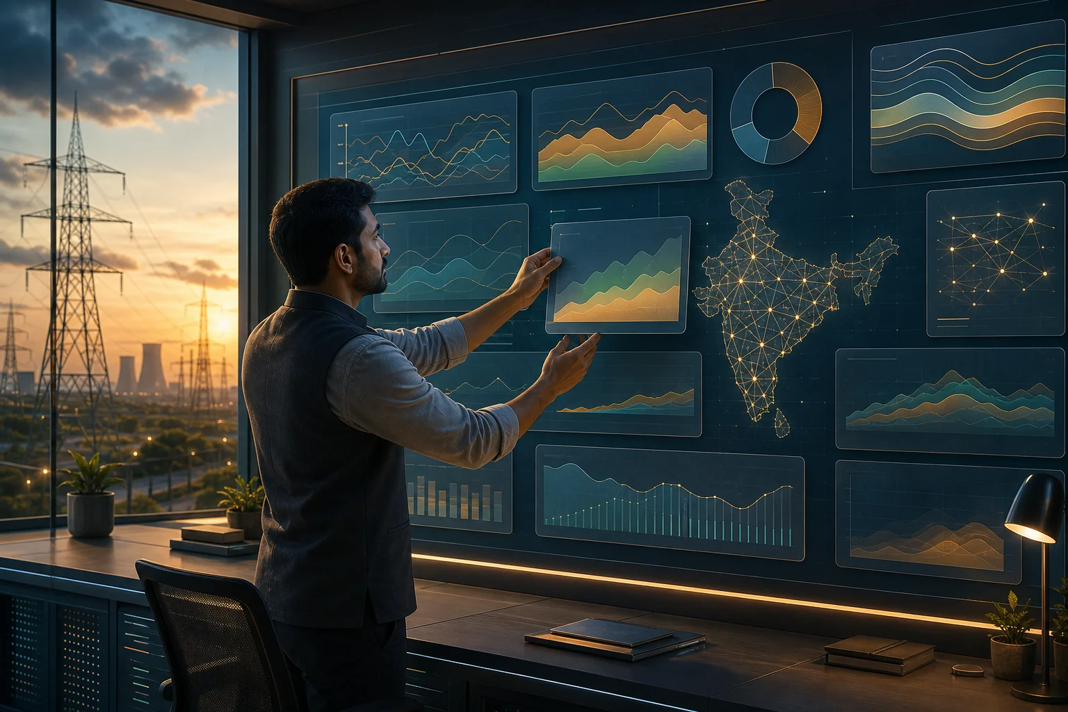 Editorial illustration of an Indian grid analyst arranging abstract energy charts beside a transmission network map