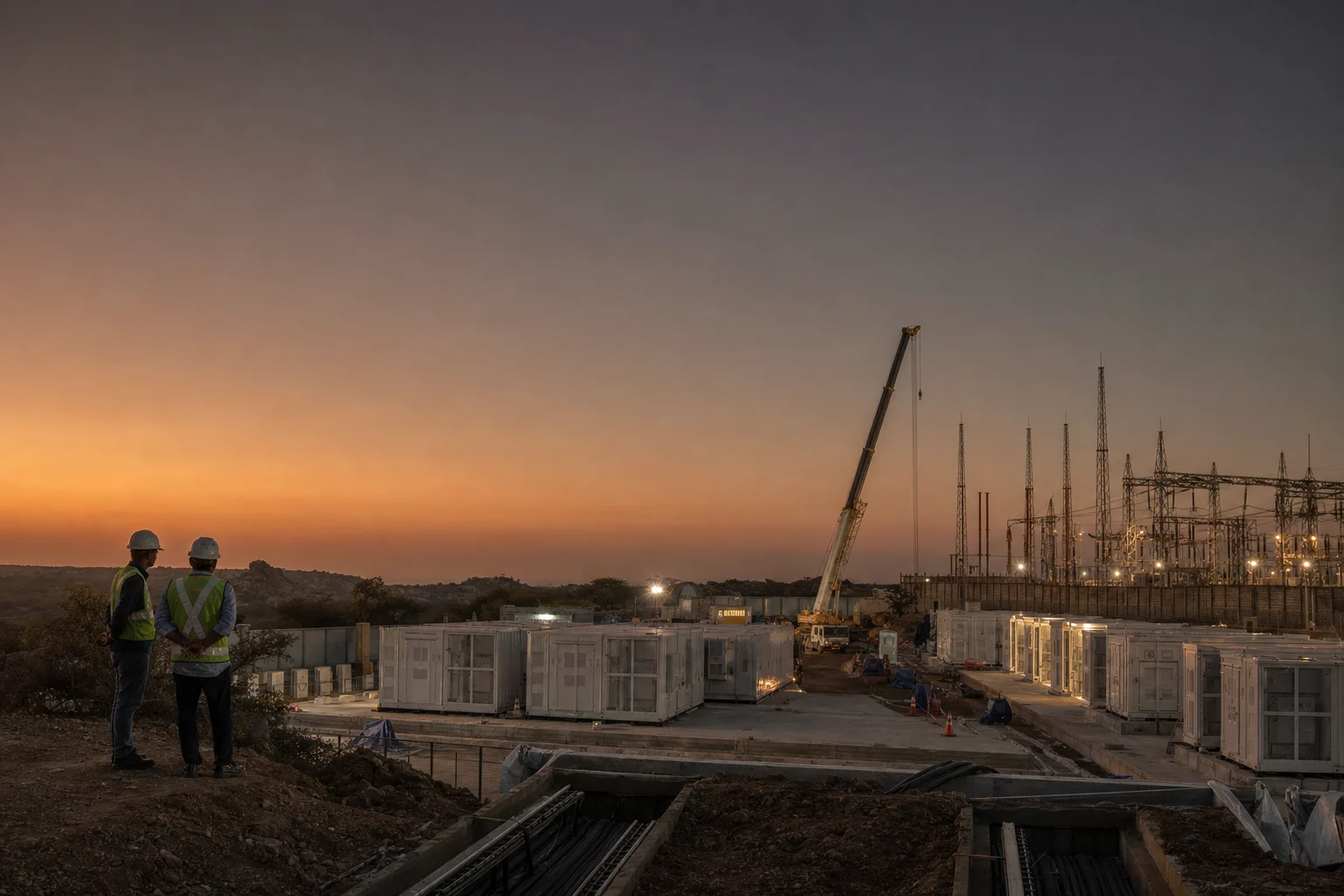 A battery storage project under construction at dusk beside a substation: some containers installed and lit, others still on trailers, a crane against the darkening sky.