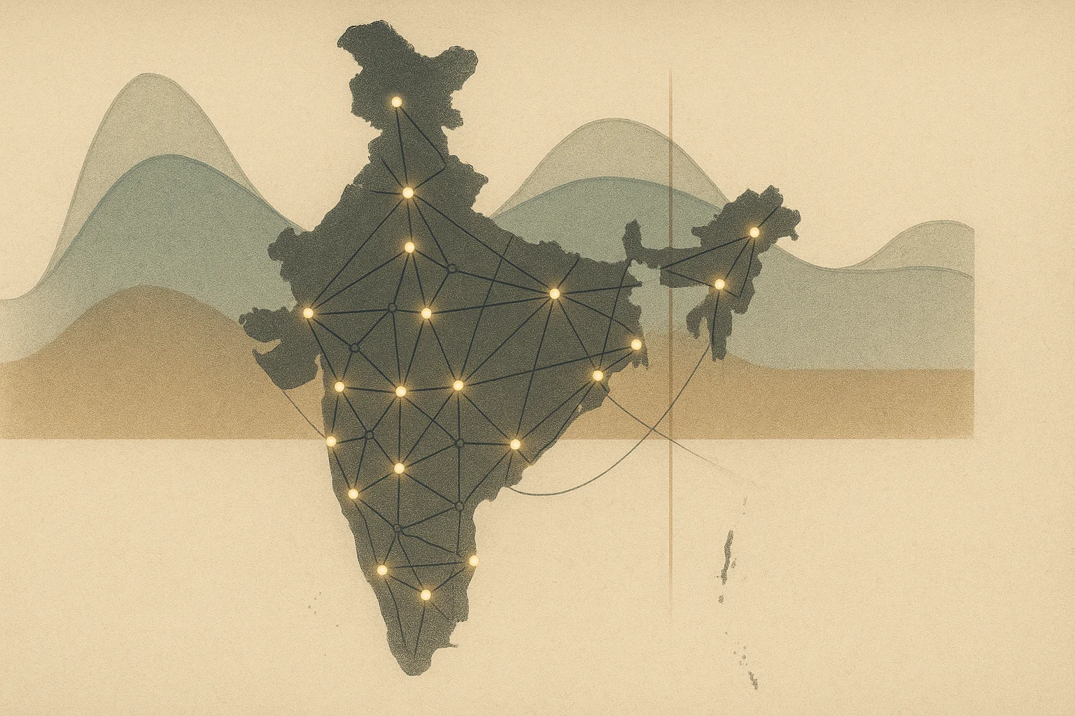 India Energy Atlas — an illustrated map of India's grid network, its nodes glowing over layered demand and fuel-mix curves
