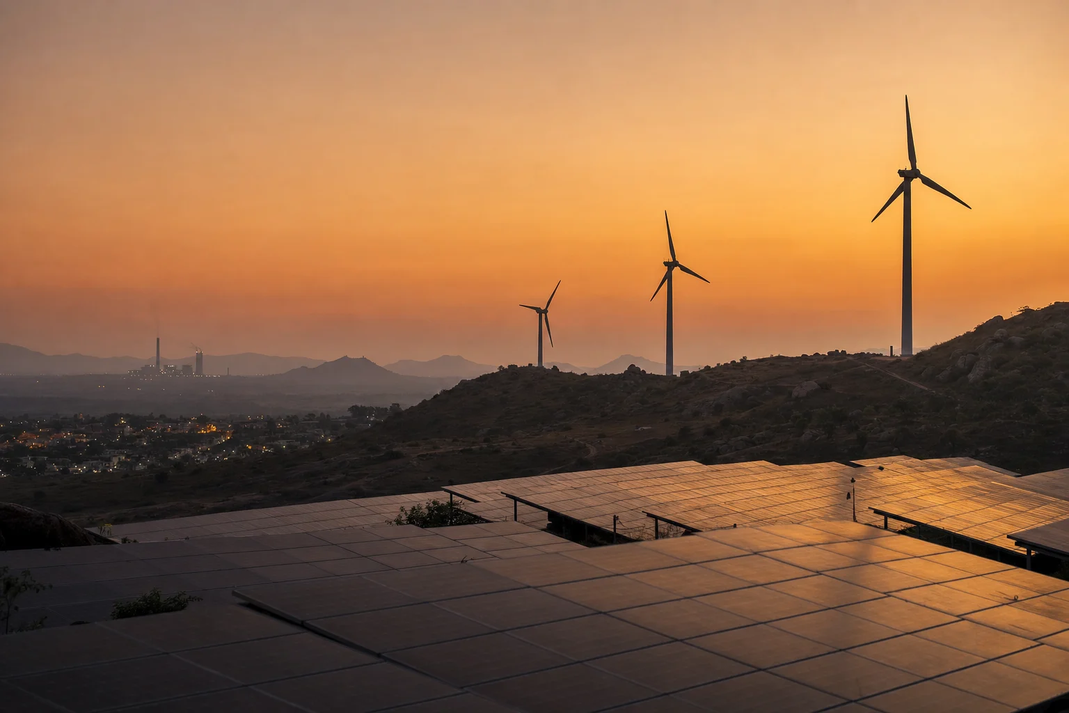 Dusk over a hybrid renewable site: wind turbines turning on a ridge above a darkened solar array, a village lighting up in the valley and a thermal plant on the far horizon.