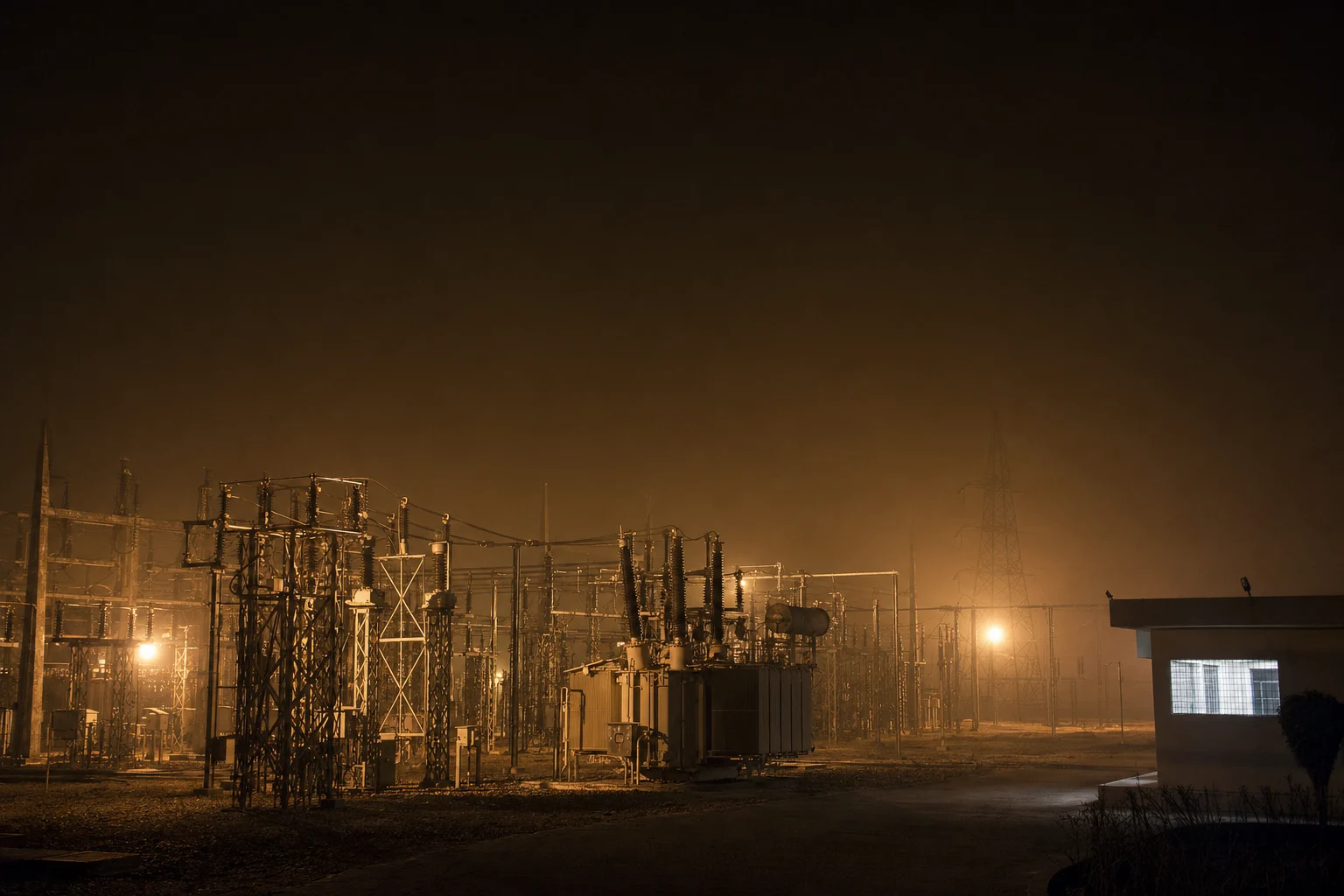 A substation yard at three in the morning: transformers and insulators under sodium floodlights in still, misty air, one lit window in the operator's cabin.