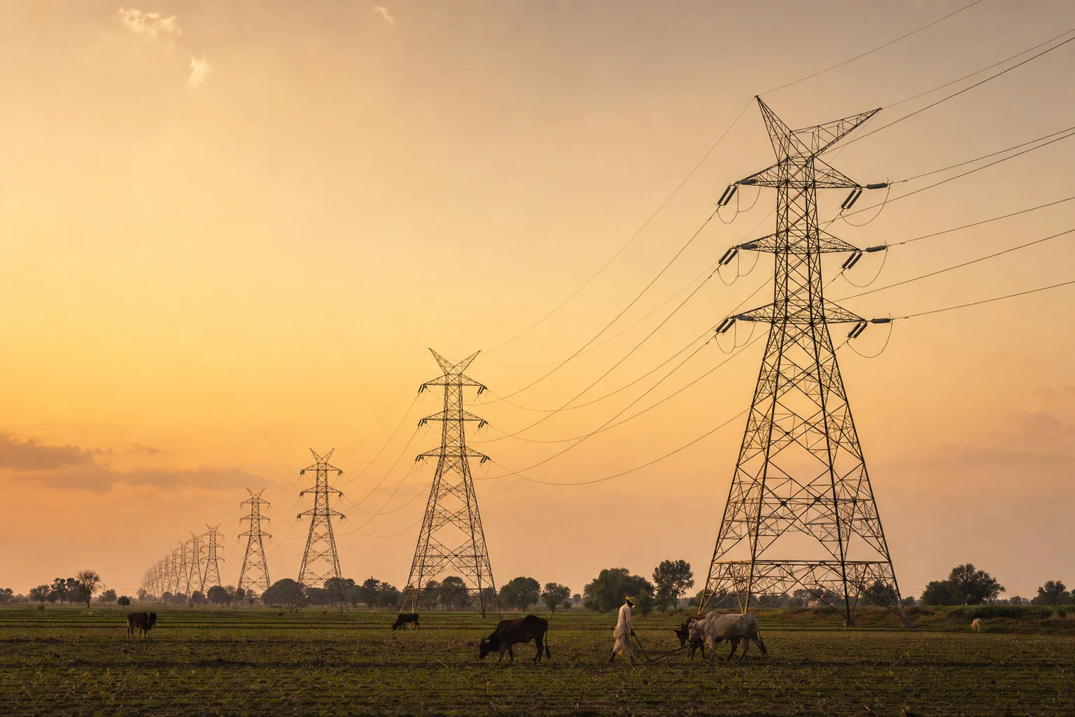 A line of high-voltage lattice towers striding across northern Indian farmland at golden hour, conductors catching the low sun, a farmer small in the field below.