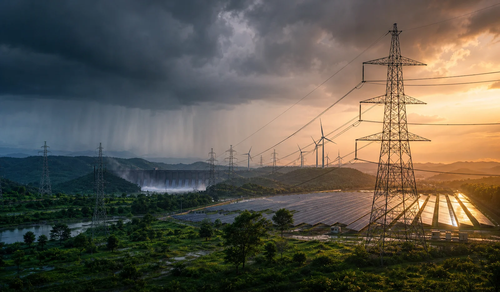Monsoon clouds and rain moving across transmission towers, a solar farm, wind turbines and hydro generation at sunset in India