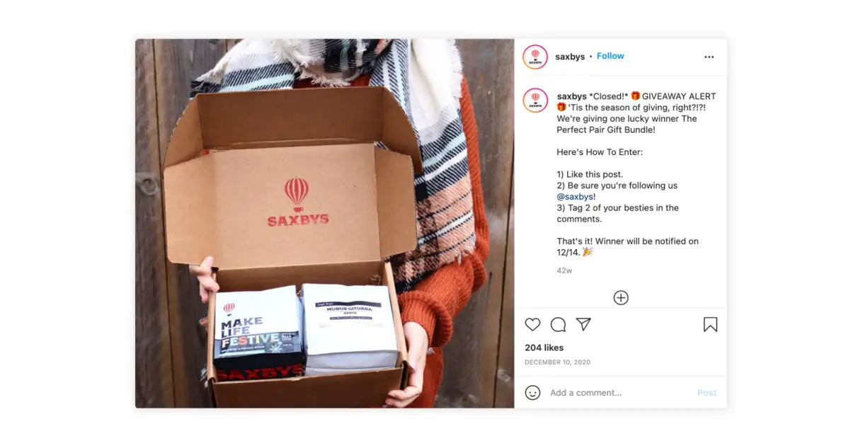 Saxbys Instagram promotes a holiday giveaway