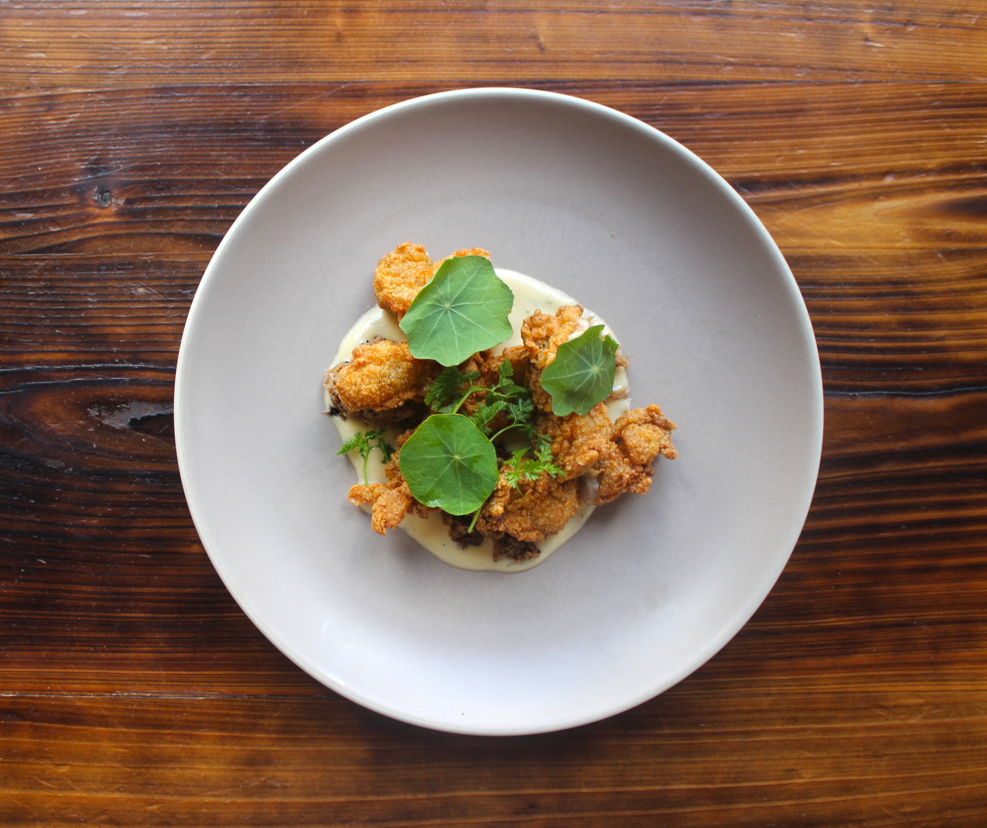 a plate of food on a wooden table