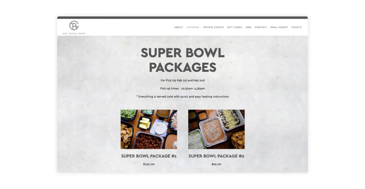 A superbowl catering package on a restaurant website.