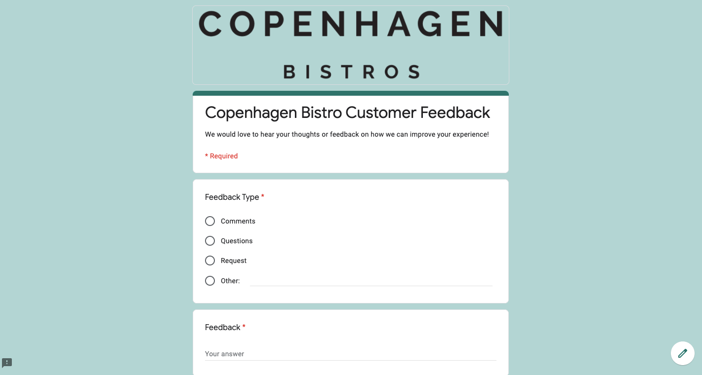 An example of a customer feedback form using Google Forms