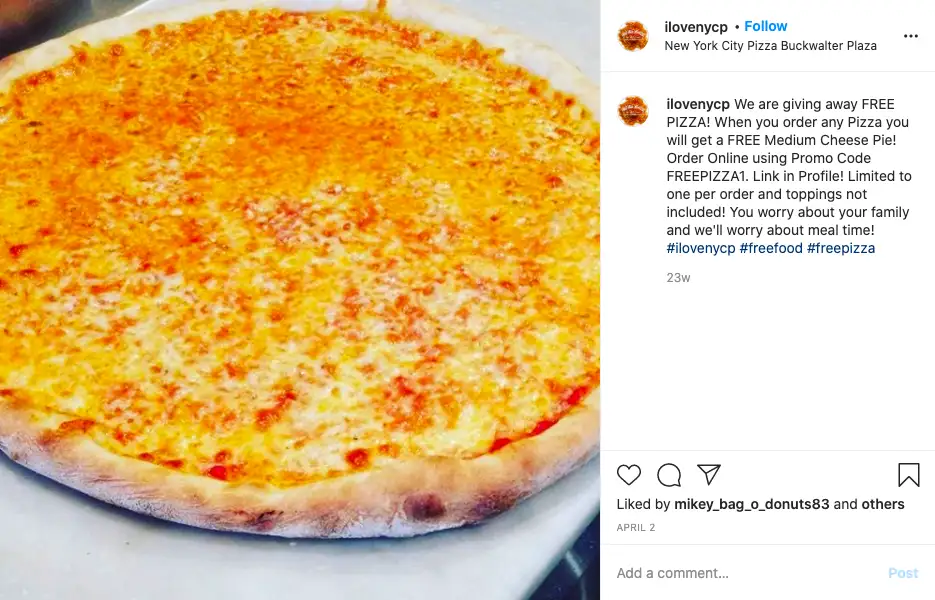 New York City Pizza's Instagram post promoting online ordering