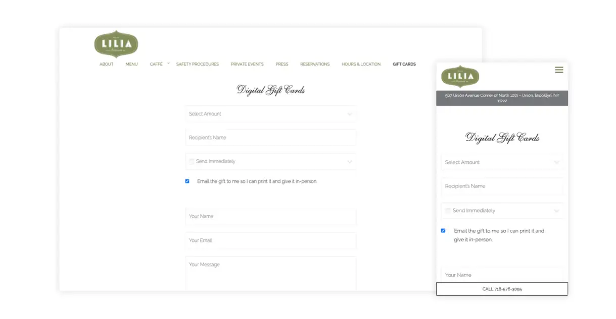 A screenshot of a restaurant website