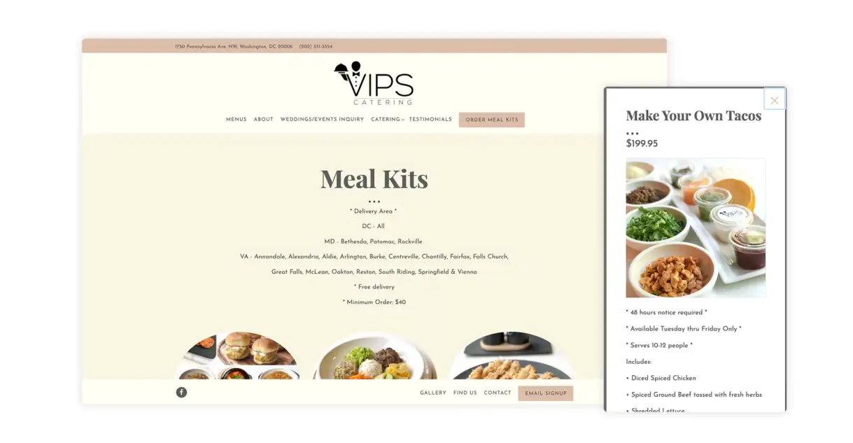 The website for VIPS Catering