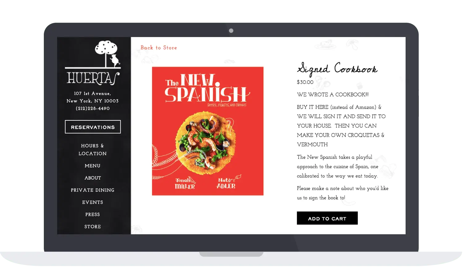 Huerta website's online store where they sell their cookbook
