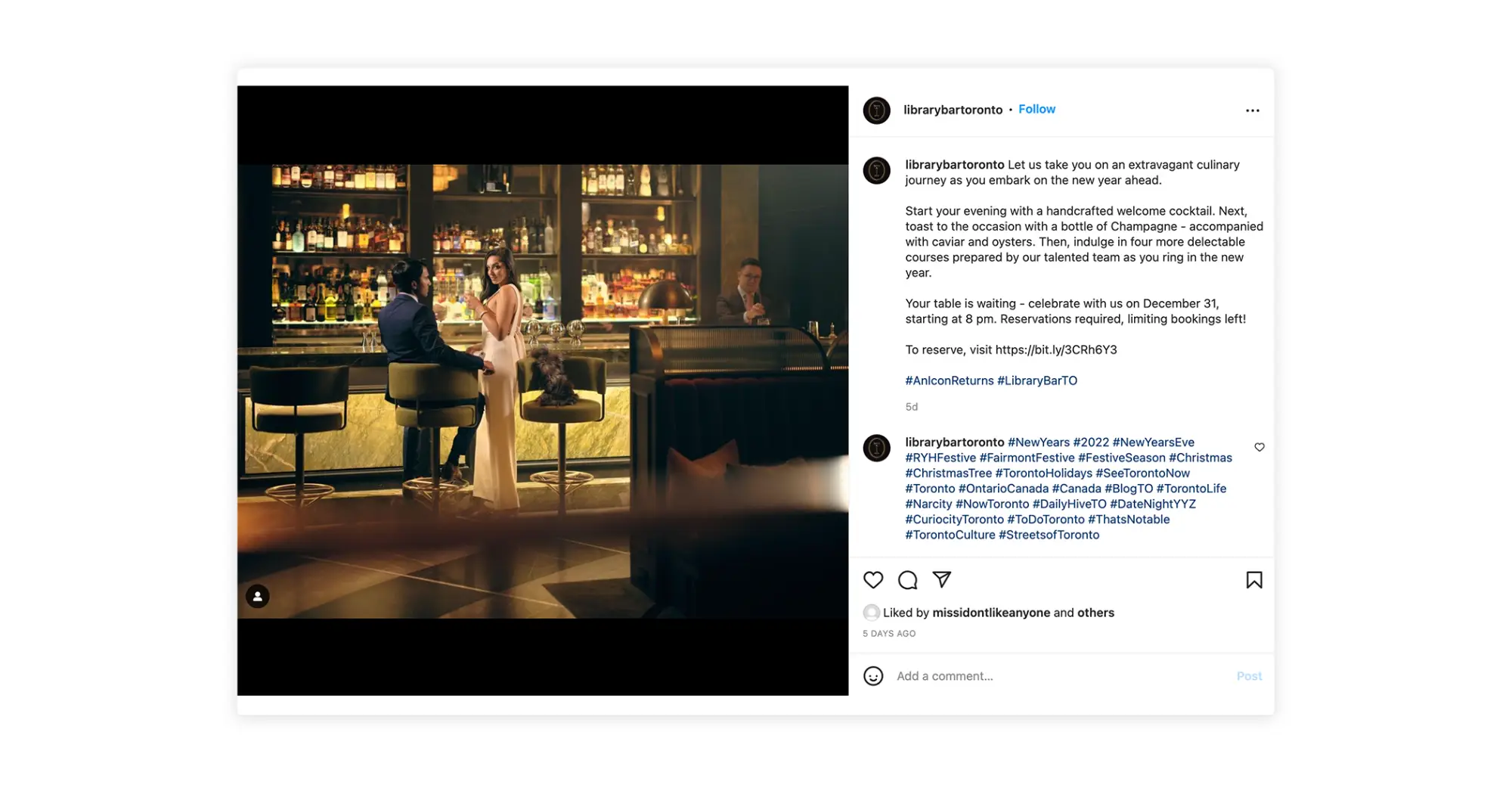 Library Bar in Toronto promotes New Year’s Eve reservations on Instagram