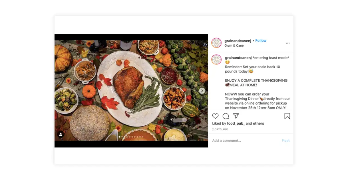 Grain & Cane promotes Thanksgiving on their Instagram