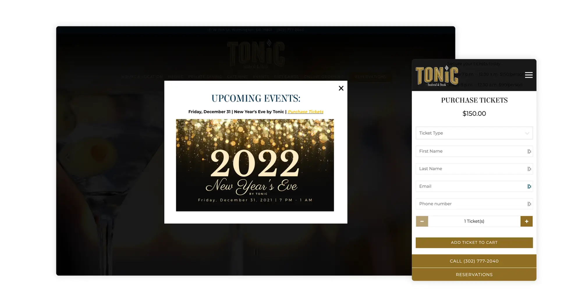 Tonic Seafood and Steak promotes its New Year’s Eve ticketed event using pop-up alertsal user interface, website